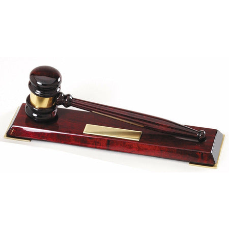 Piano Finish Rosewood Gavel with Gold Band on Presentation Stand
